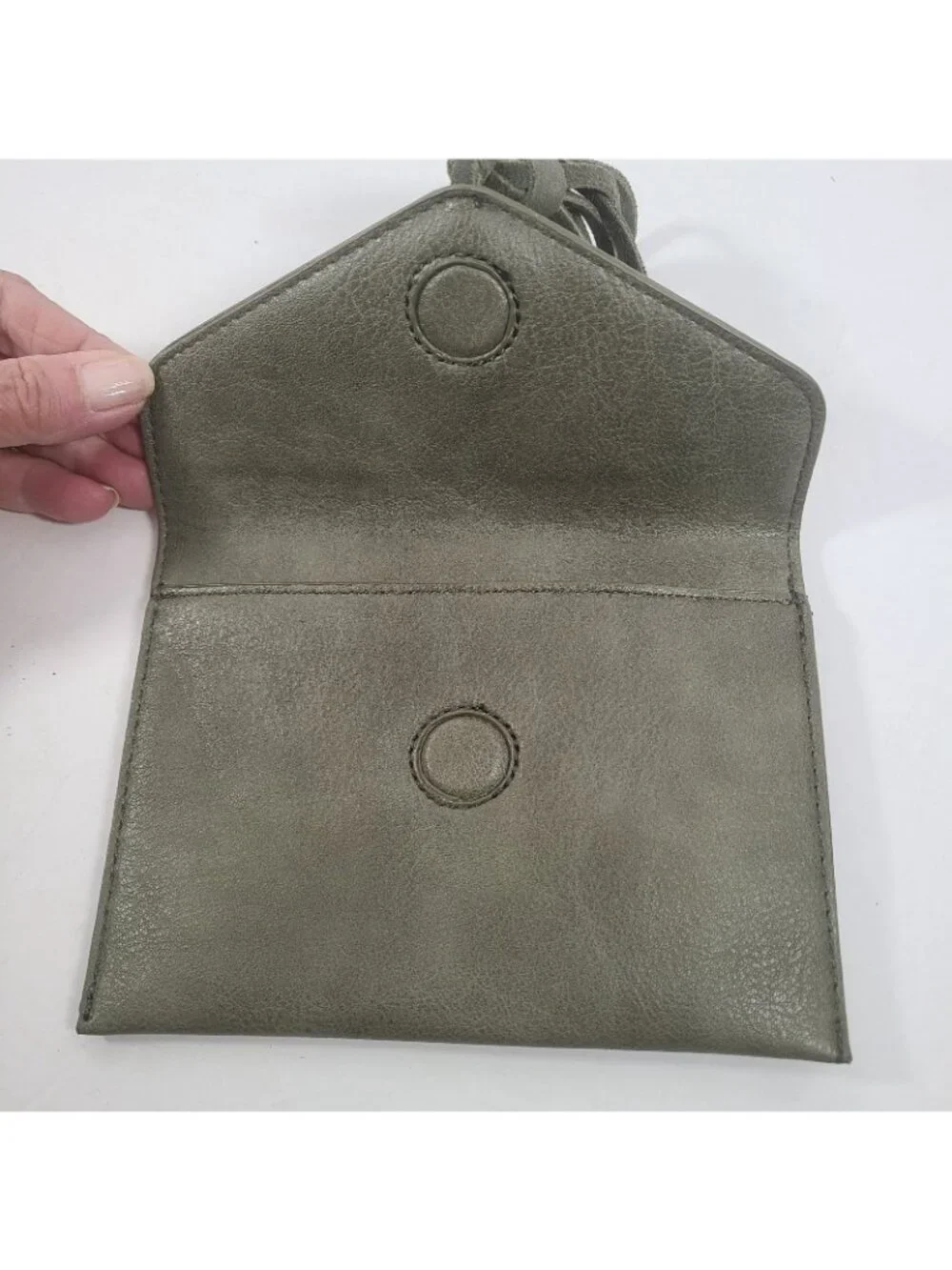 Anthropologie Tassel Envelope Clutch Bag Green Leather Boho Perforated Stitched